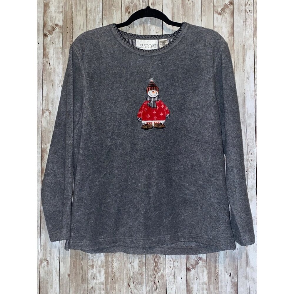 Women's C.D. Sport Gray Fleece Snowman Sweatshirt Size Medium Christmas Winter